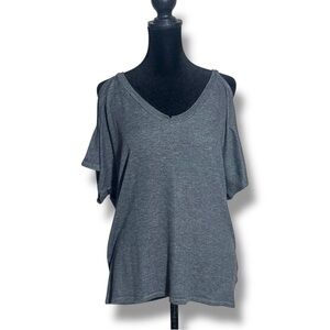Mixed Threads Heather Gray Women's Cold Shoulder V-neck Loose Relaxed Fit Top